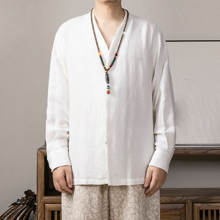 Buddha Stones V-Neck Men's Linen Long Sleeve Shirt Zen Clothing - White - US/UK/AU44，EU54 (4XL) - image 0