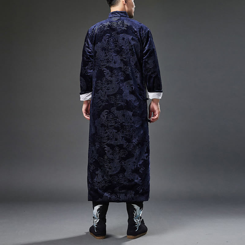 Buddha Stones Vintage Fall Winter Chinese Frog-Button Tang Suit Men's Dragon Jacquard Robe With Pockets - image 4