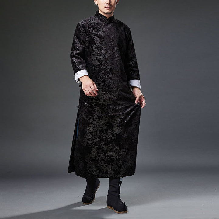 Buddha Stones Vintage Fall Winter Chinese Frog-Button Tang Suit Men's Dragon Jacquard Robe With Pockets - image 16