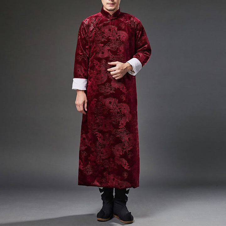 Buddha Stones Vintage Fall Winter Chinese Frog-Button Tang Suit Men's Dragon Jacquard Robe With Pockets - image 19