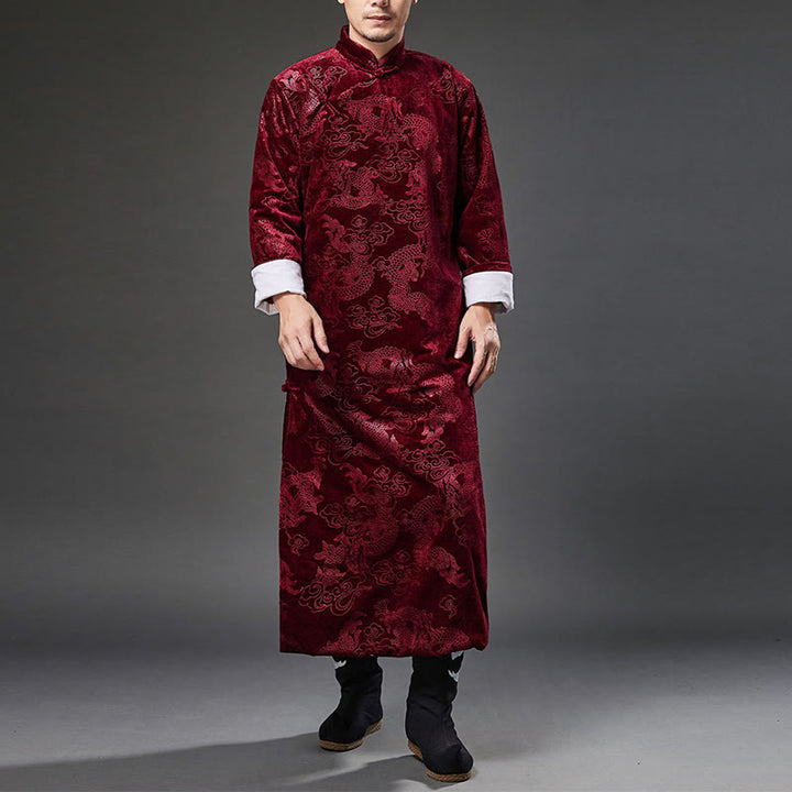 Buddha Stones Vintage Fall Winter Chinese Frog-Button Tang Suit Men's Dragon Jacquard Robe With Pockets - image 24