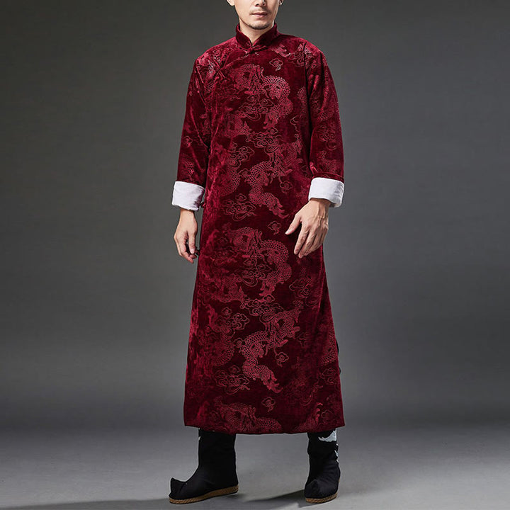 Buddha Stones Vintage Fall Winter Chinese Frog-Button Tang Suit Men's Dragon Jacquard Robe With Pockets - image 22