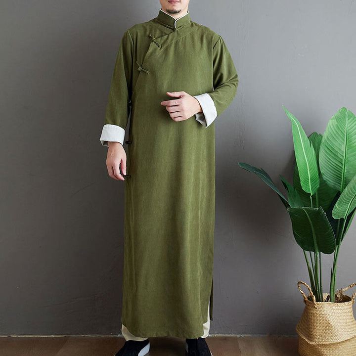Buddha Stones Fall Solid Color Chinese Frog-Button Men's Tang Suit Robe - OliveDrab - US/UK/AU38，EU48 (XL) - image 0