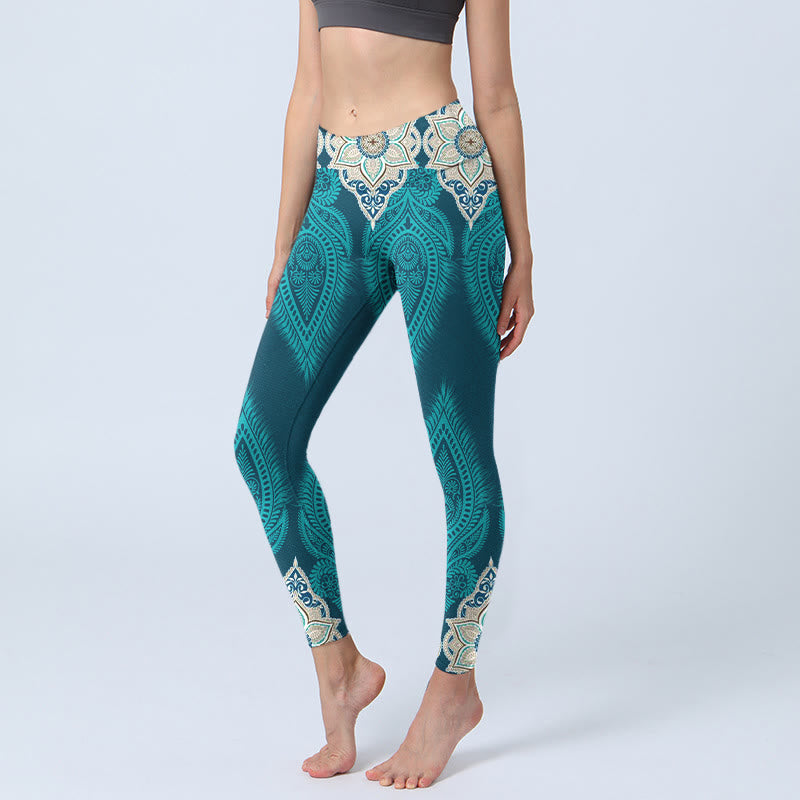 Buddha Stones Green Feather Flower Print Gym Fitness Leggings Women's Yoga Pants - CadetBlue - US18，UK/AU22，EU50 (4XL) - image 0