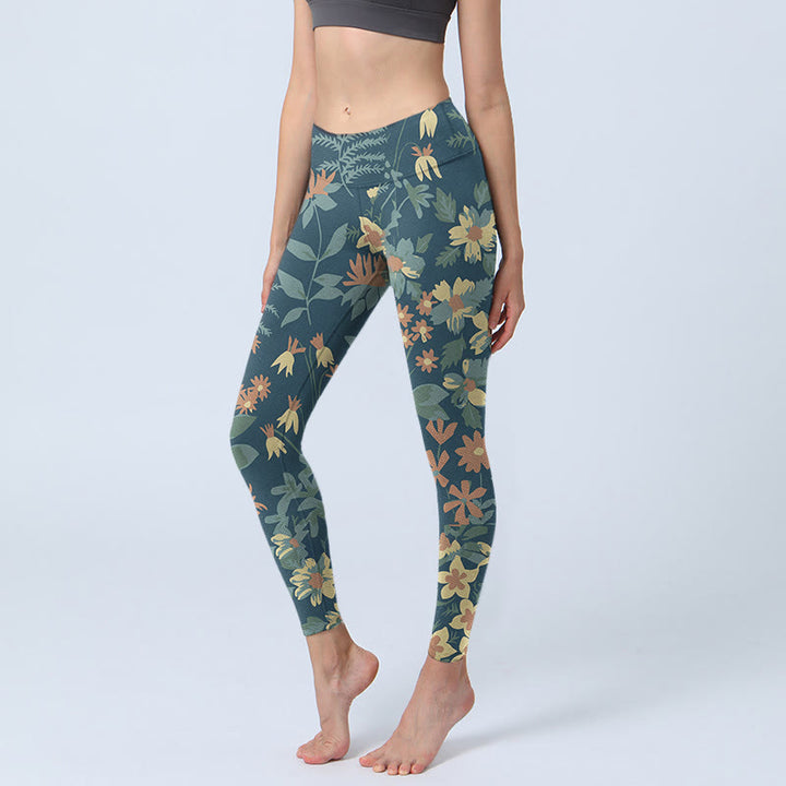 Buddha Stones Casual Daisy Flowers Leaves Print Gym Fitness Leggings Women's Yoga Pants - SteelBlue - US18，UK/AU22，EU50 (4XL) - image 0