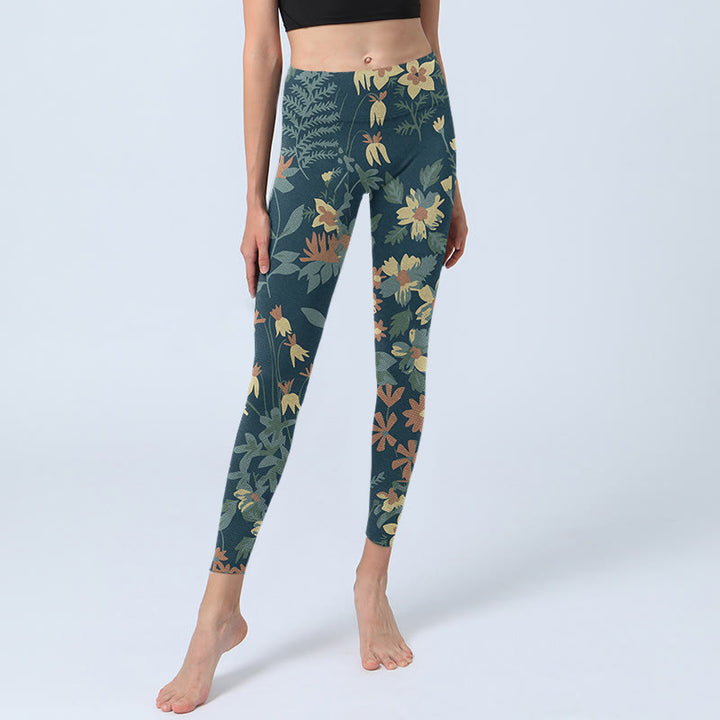 Buddha Stones Casual Daisy Flowers Leaves Print Gym Fitness Leggings Women's Yoga Pants - image 5