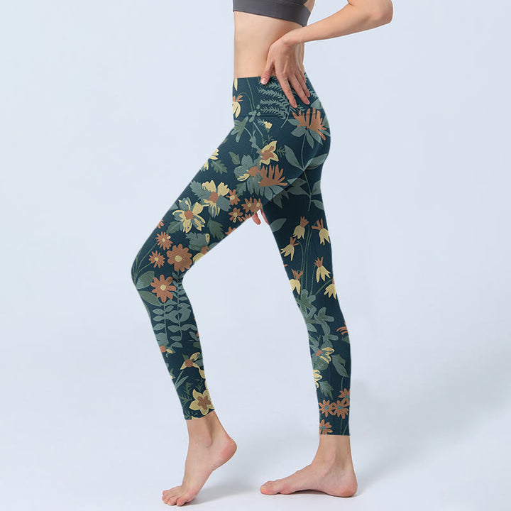 Buddha Stones Casual Daisy Flowers Leaves Print Gym Fitness Leggings Women's Yoga Pants - image 2