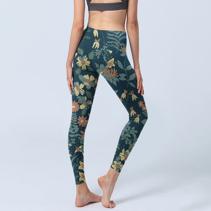 Buddha Stones Casual Daisy Flowers Leaves Print Gym Fitness Leggings Women's Yoga Pants - image 4