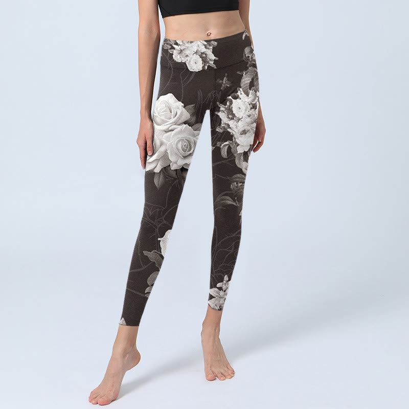 Buddha Stones Gray White Rose Print Gym Fitness Leggings Women's Yoga Pants - image 5
