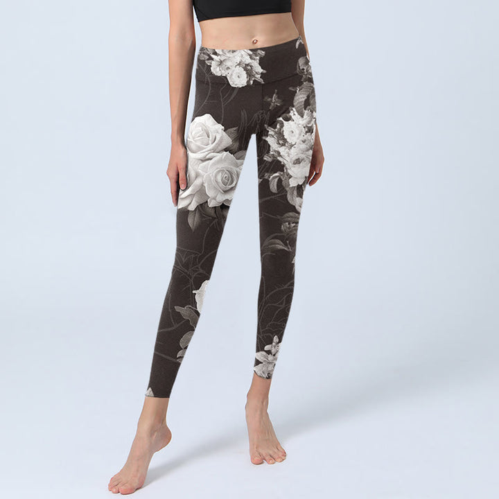 Buddha Stones Gray White Rose Print Gym Fitness Leggings Women's Yoga Pants - image 5