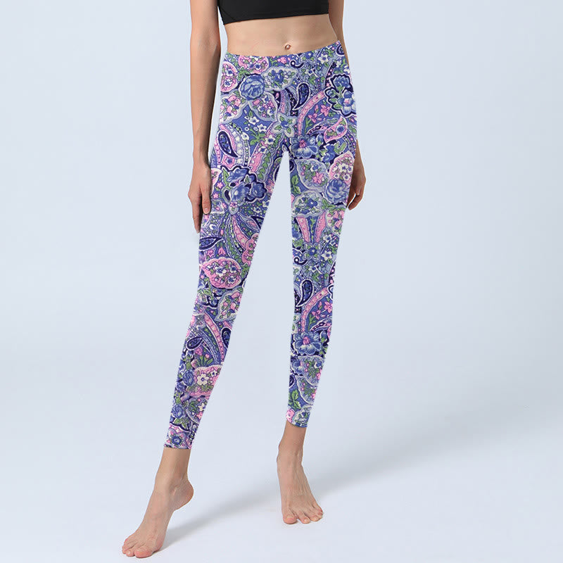 Buddha Stones Purple Pink Cashew Flower Print Gym Fitness Leggings Women's Yoga Pants - image 5