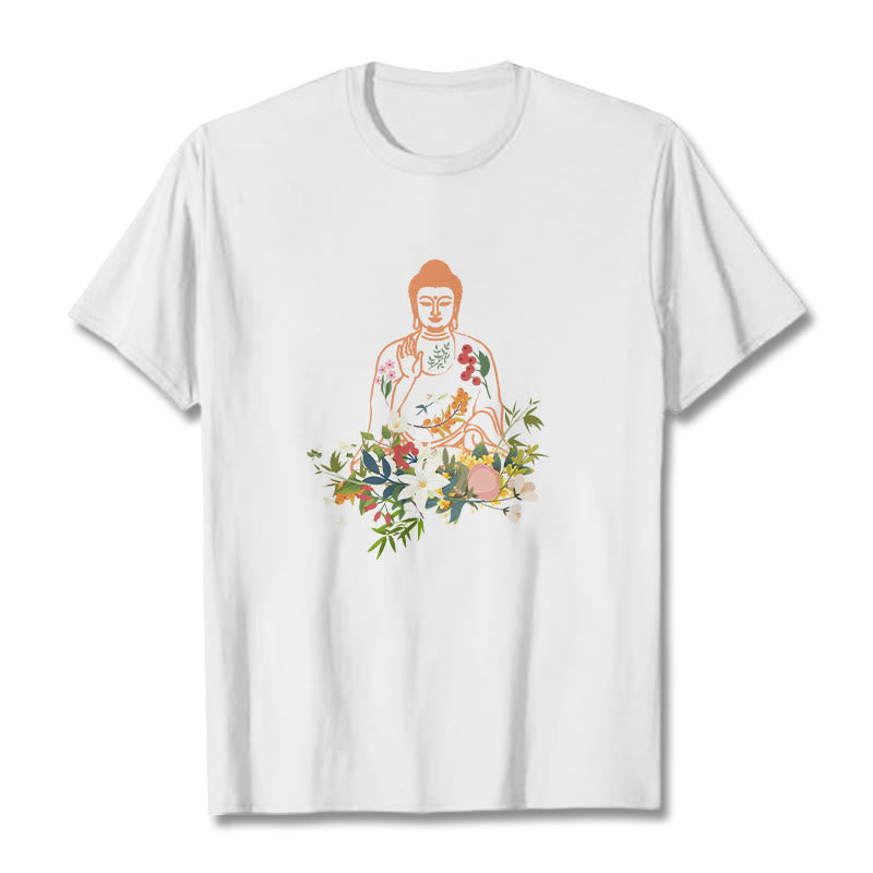 Buddha Stones Meditating Buddha Blooming Flowers Pattern Tee T-shirt - White - 2XL - image 5