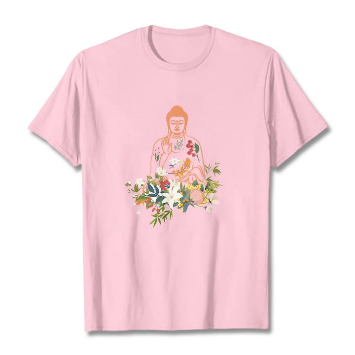 Buddha Stones Meditating Buddha Blooming Flowers Pattern Tee T-shirt - LightPink - 2XL - image 12