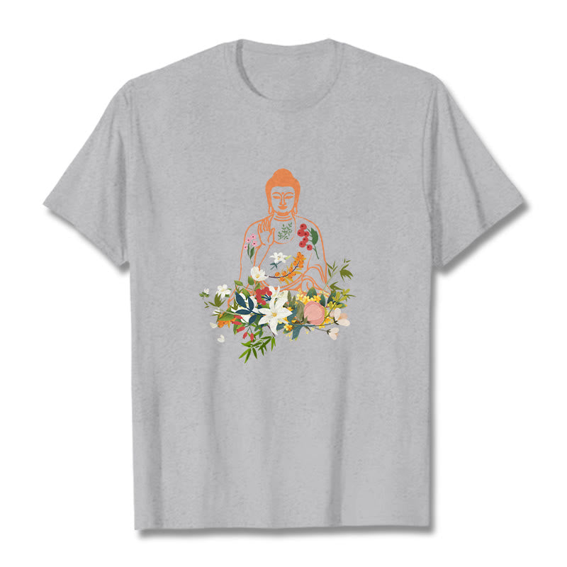 Buddha Stones Meditating Buddha Blooming Flowers Pattern Tee T-shirt - LightGrey - 2XL - image 19