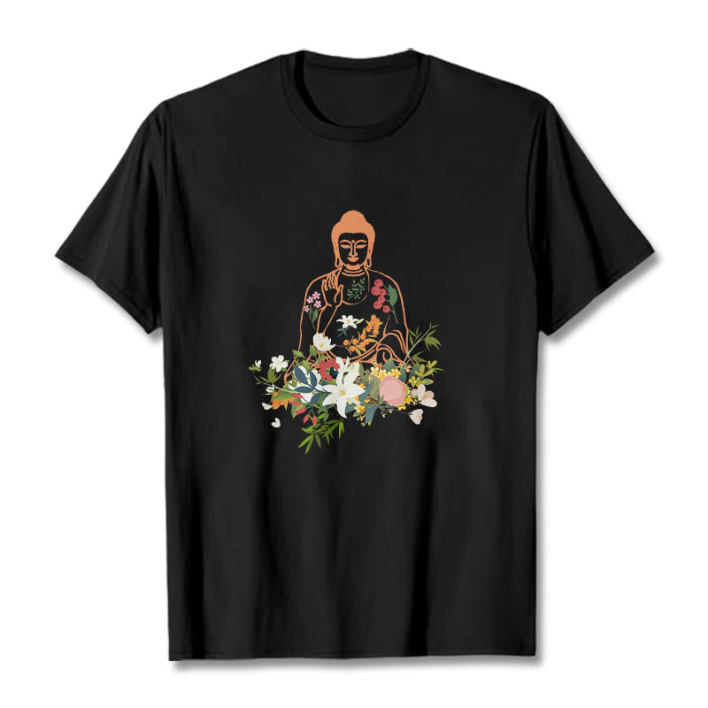 Buddha Stones Meditating Buddha Blooming Flowers Pattern Tee T-shirt - Black - 2XL - image 0