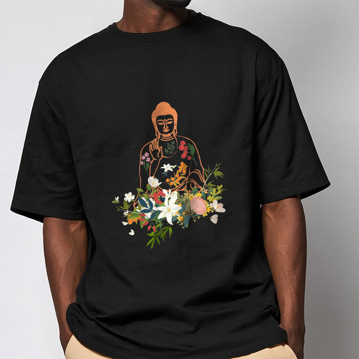 Buddha Stones Meditating Buddha Blooming Flowers Pattern Tee T-shirt - image 1