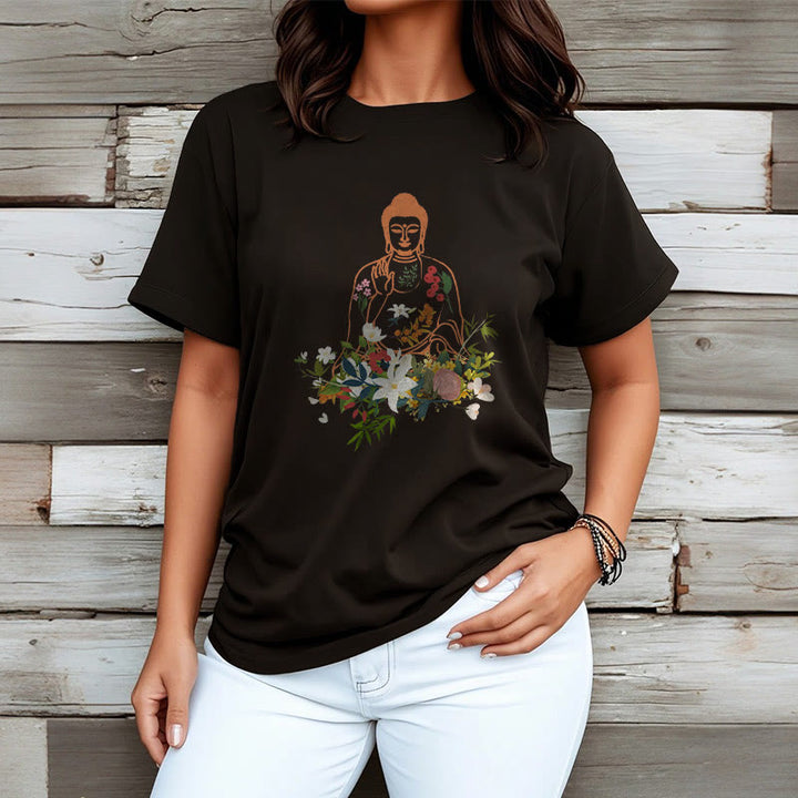 Buddha Stones Meditating Buddha Blooming Flowers Pattern Tee T-shirt - image 3