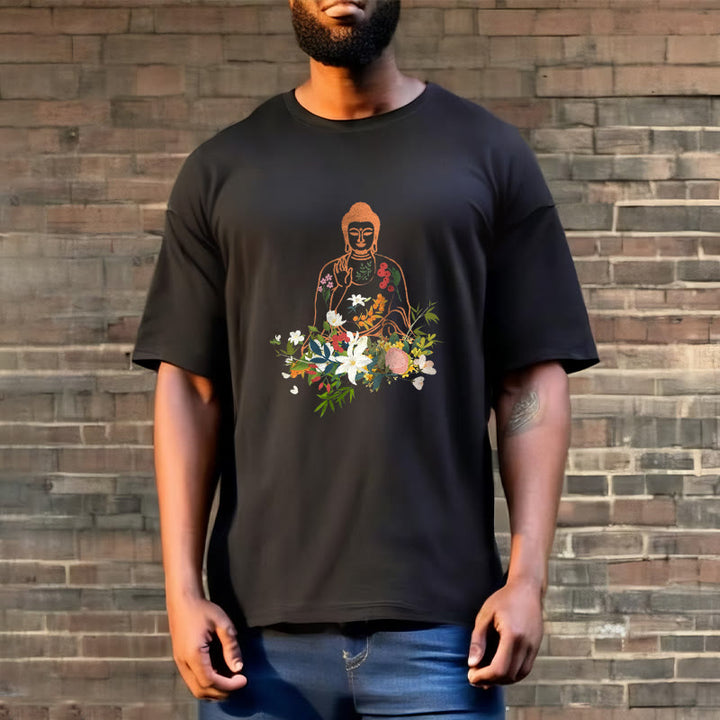 Buddha Stones Meditating Buddha Blooming Flowers Pattern Tee T-shirt - image 2