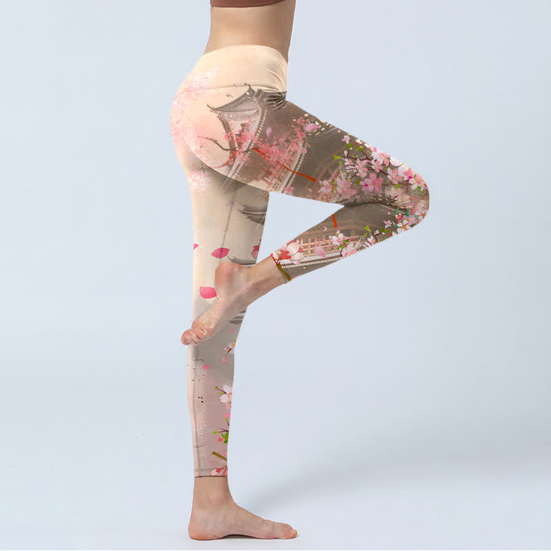 Buddha Stones Pink Sakura Antique Building Print Fitness Leggings Women's Yoga Pants - image 3