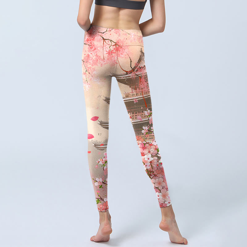 Buddha Stones Pink Sakura Antique Building Print Fitness Leggings Women's Yoga Pants - image 6