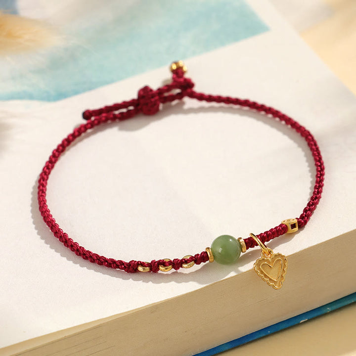 Buddha Stones 925 Sterling Silver Hetian Jade Bead Copper Coin Love Heart Charm Luck Bracelet - Dark Red Rope(Wrist Circumference: 14-16cm) - image 9