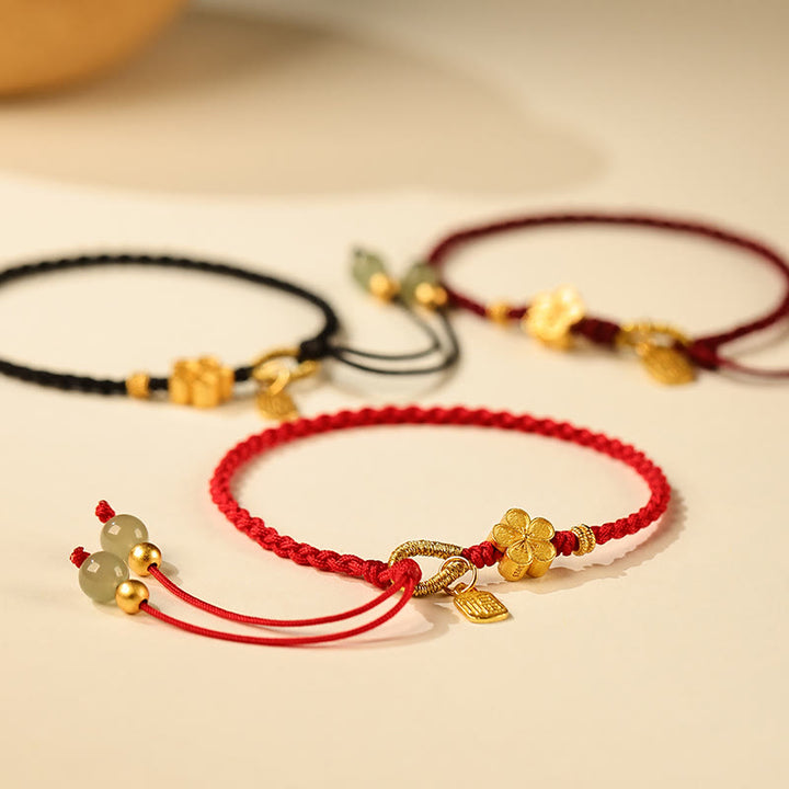 Buddha Stones Hetian Jade Small Peach Blossom Fu Character Charm Luck String Bracelet - image 1