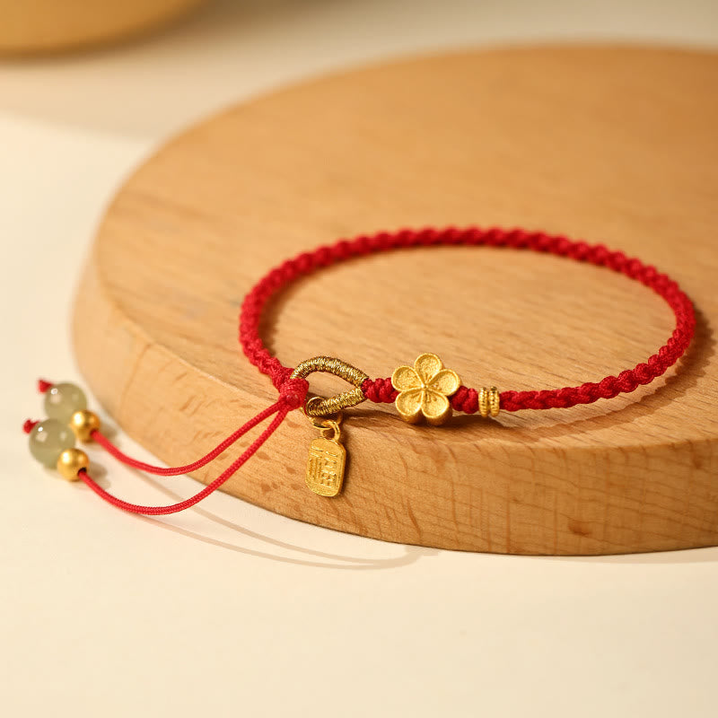Buddha Stones Hetian Jade Small Peach Blossom Fu Character Charm Luck String Bracelet - Red Rope(Wrist Circumference: 14-19cm) - image 0