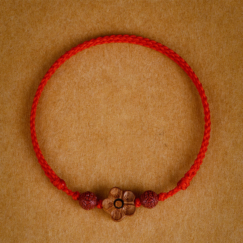 Buddha Stones Peach Wood Small Peach Blossom Cinnabar Wealth String Bracelet Anklet - Red - Anklet(Anklet Circumference 21-24cm) - image 0