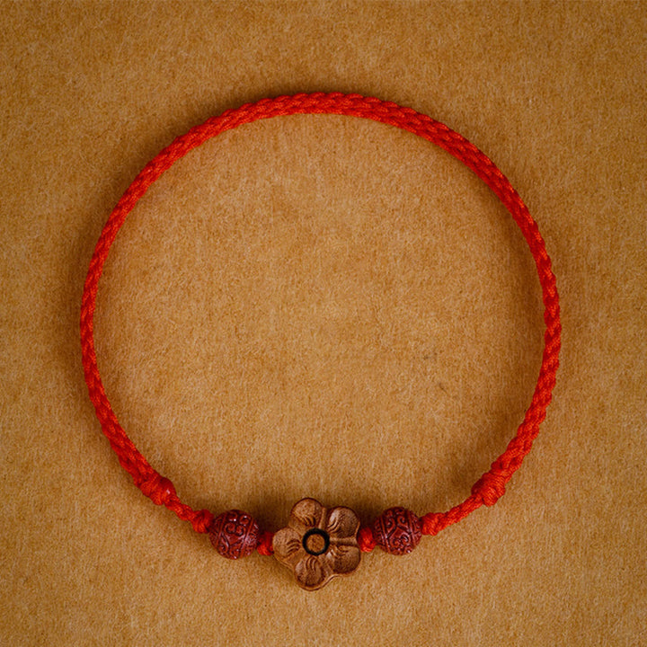 Buddha Stones Peach Wood Small Peach Blossom Cinnabar Wealth String Bracelet Anklet - Red - Anklet(Anklet Circumference 21-24cm) - image 0