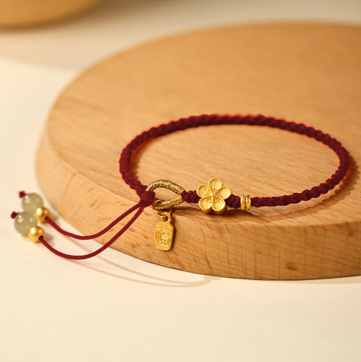 Buddha Stones Hetian Jade Small Peach Blossom Fu Character Charm Luck String Bracelet - Dark Red Rope(Wrist Circumference: 14-19cm) - image 11