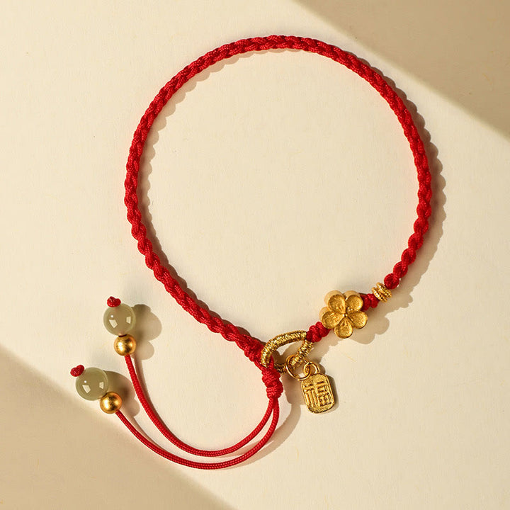 Buddha Stones Hetian Jade Small Peach Blossom Fu Character Charm Luck String Bracelet - image 3