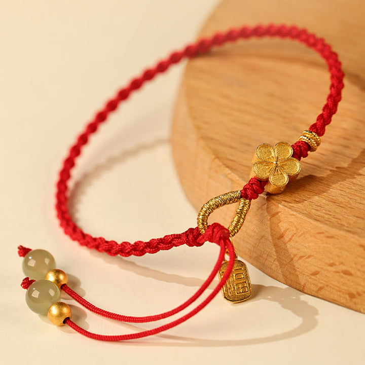 Buddha Stones Hetian Jade Small Peach Blossom Fu Character Charm Luck String Bracelet - image 2