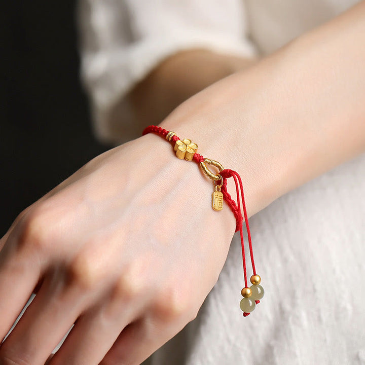 Buddha Stones Hetian Jade Small Peach Blossom Fu Character Charm Luck String Bracelet - image 4