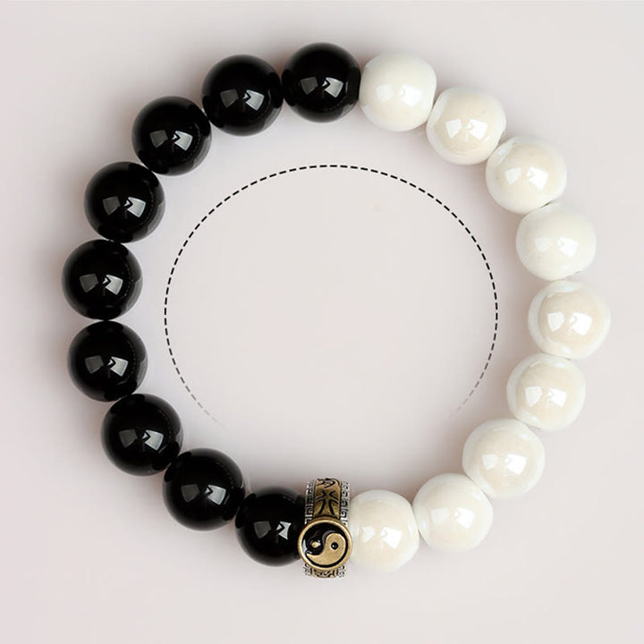 Buddha Stones Black Obsidian White Porcelain Beads Yin Yang Fulfilment Bracelet - image 10