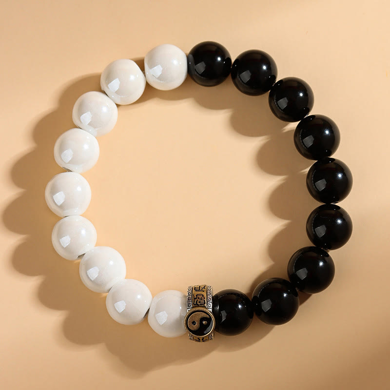 Buddha Stones Black Obsidian White Porcelain Beads Yin Yang Fulfilment Bracelet - image 9