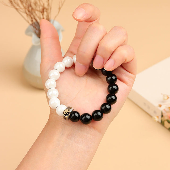 Buddha Stones Black Obsidian White Porcelain Beads Yin Yang Fulfilment Bracelet - image 3