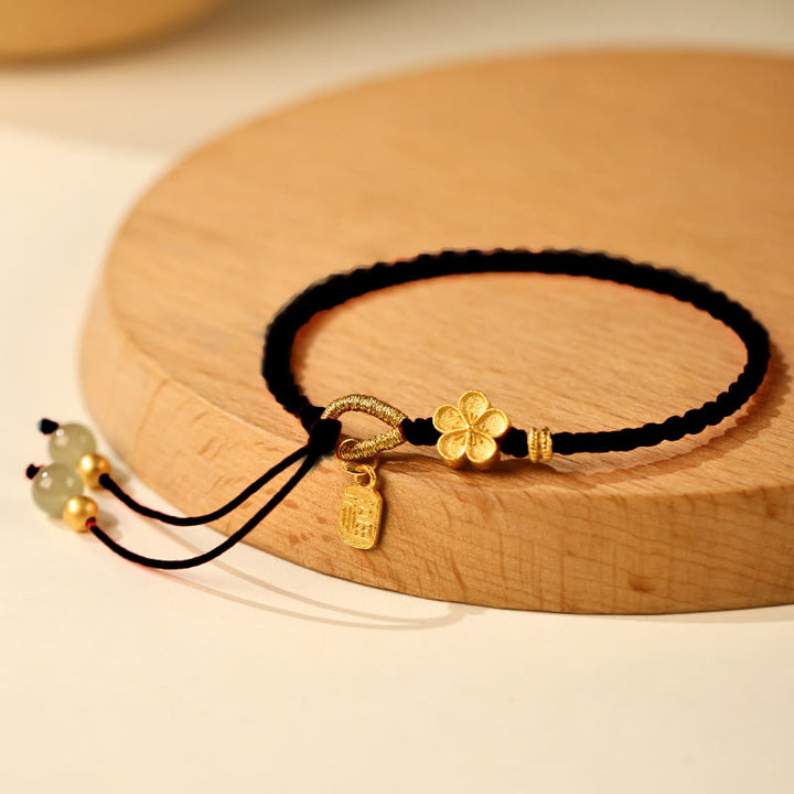 Buddha Stones Hetian Jade Small Peach Blossom Fu Character Charm Luck String Bracelet - Black Rope(Wrist Circumference: 14-19cm) - image 9
