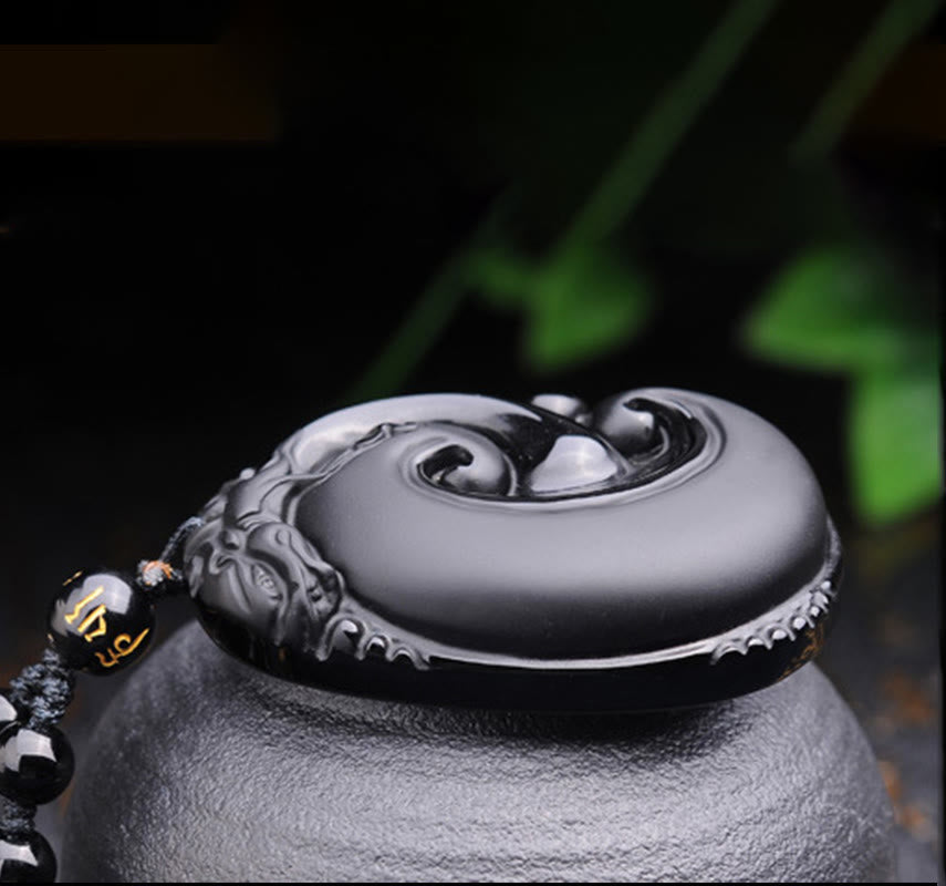 Buddha Stones Natural Black Obsidian PiXiu Oval Pattern Strength Necklace Pendant - image 7