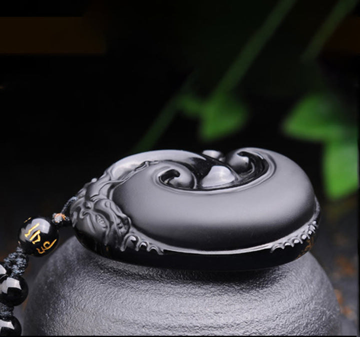 Buddha Stones Natural Black Obsidian PiXiu Oval Pattern Strength Necklace Pendant - image 7