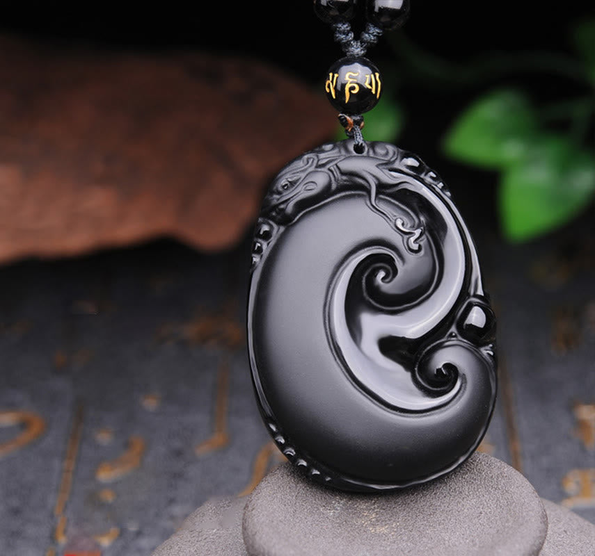 Buddha Stones Natural Black Obsidian PiXiu Oval Pattern Strength Necklace Pendant - Black Obsidian(Purification♥Transformation) - image 0
