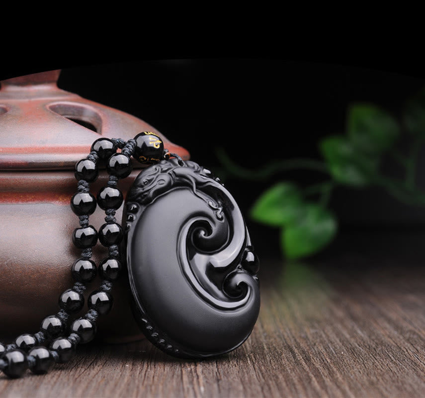 Buddha Stones Natural Black Obsidian PiXiu Oval Pattern Strength Necklace Pendant - image 8