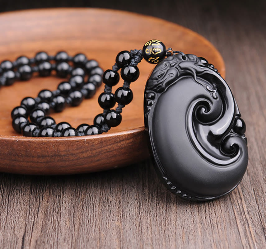 Buddha Stones Natural Black Obsidian PiXiu Oval Pattern Strength Necklace Pendant - image 1