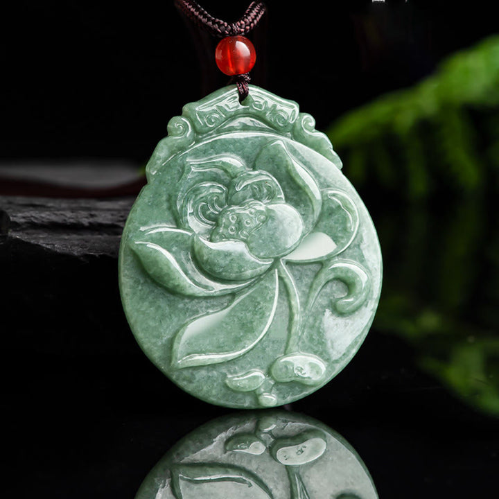 Buddha Stones Round Lotus Pattern Jade Abundance Prosperity Necklace Rope Pendant - image 1