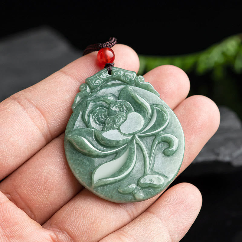 Buddha Stones Round Lotus Pattern Jade Abundance Prosperity Necklace Rope Pendant - image 3