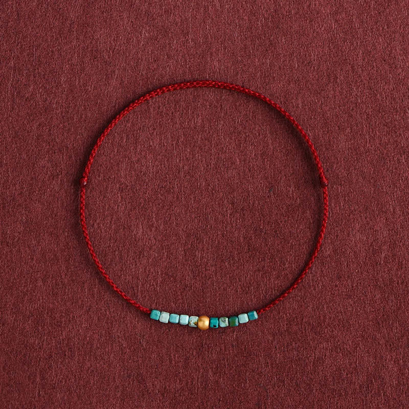 Buddha Stones 999 Gold Beads Turquoise Protection Braided Bracelet Anklet - Dark Red Rope - Anklet(Circumference 18-30cm) - image 0