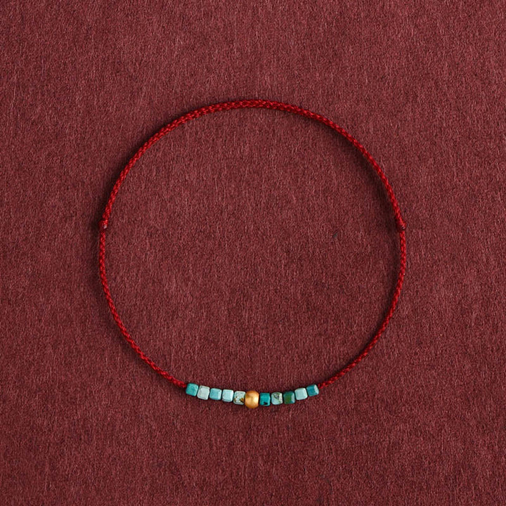 Buddha Stones 999 Gold Beads Turquoise Protection Braided Bracelet Anklet - Dark Red Rope - Anklet(Circumference 18-30cm) - image 0