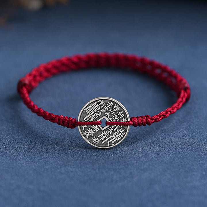 Buddha Stones 925 Sterling Silver Coin Protection Braided Bracelet Anklet - image 0