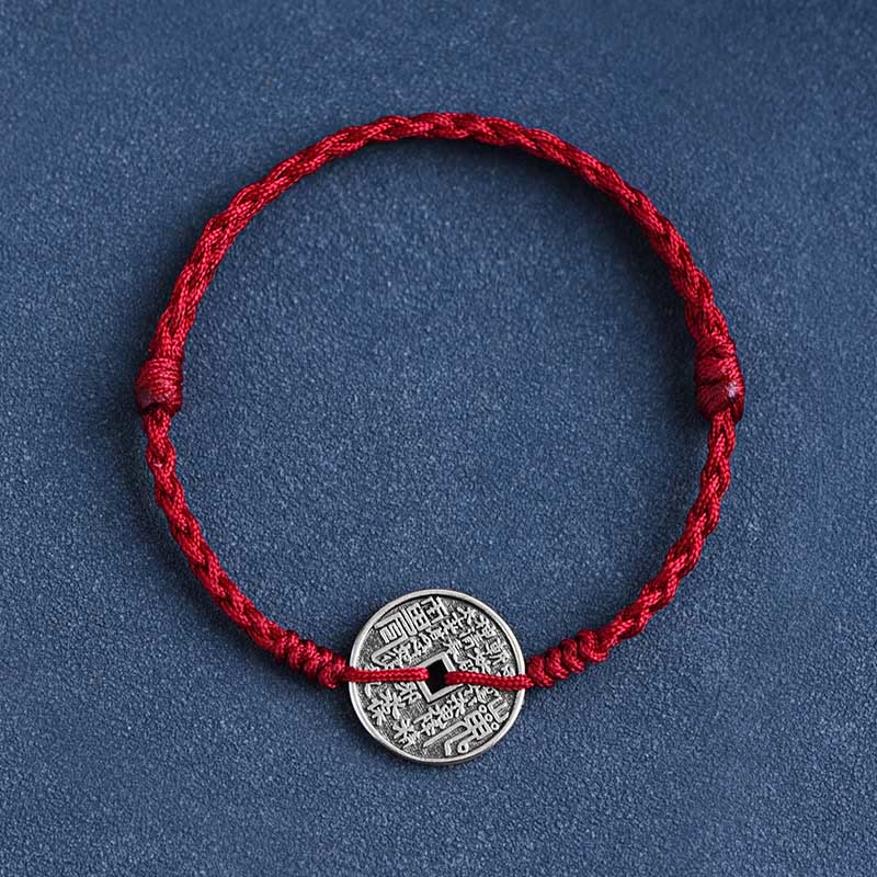 Buddha Stones 925 Sterling Silver Coin Protection Braided Bracelet Anklet - Dark Red Rope - Bracelet(Wrist Circumference 15-20cm) - image 1