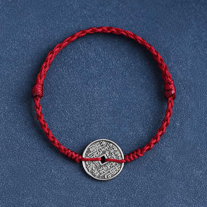 Buddha Stones 925 Sterling Silver Coin Protection Braided Bracelet Anklet - Dark Red Rope - Bracelet(Wrist Circumference 15-20cm) - image 1