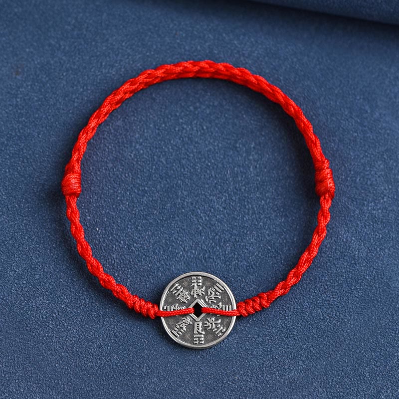 Buddha Stones 925 Sterling Silver Coin Protection Braided Bracelet Anklet - Red Rope - Bracelet(Wrist Circumference 15-20cm) - image 9